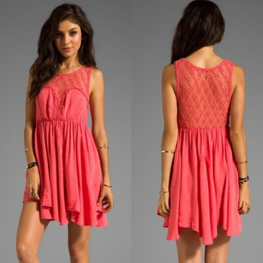 Free people coral colored gauze sheer lace dress S